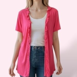 💕Avenue+ Beautiful Pink/Red-ish Lightweight Cotton Cardigan With Ruffled Detail